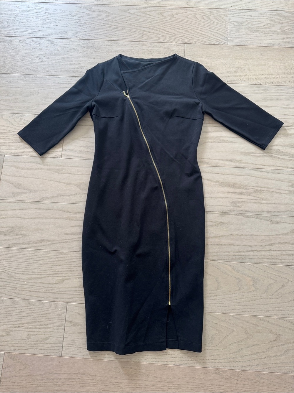 Black Sheath Dress with Asymmetric Gold Zip